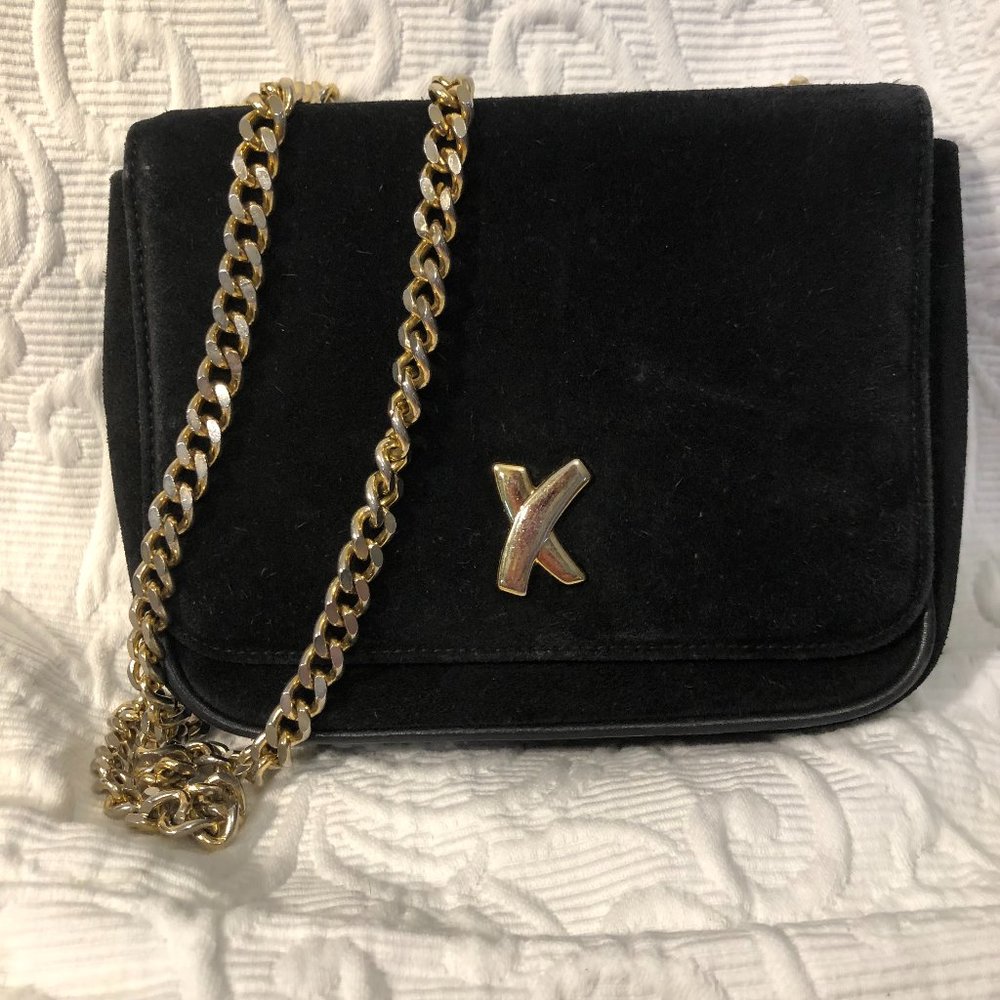 Paloma Picasso Black Suede Kiss Cross Body Disco Bag Gold Chain Vtg 1980s EUC